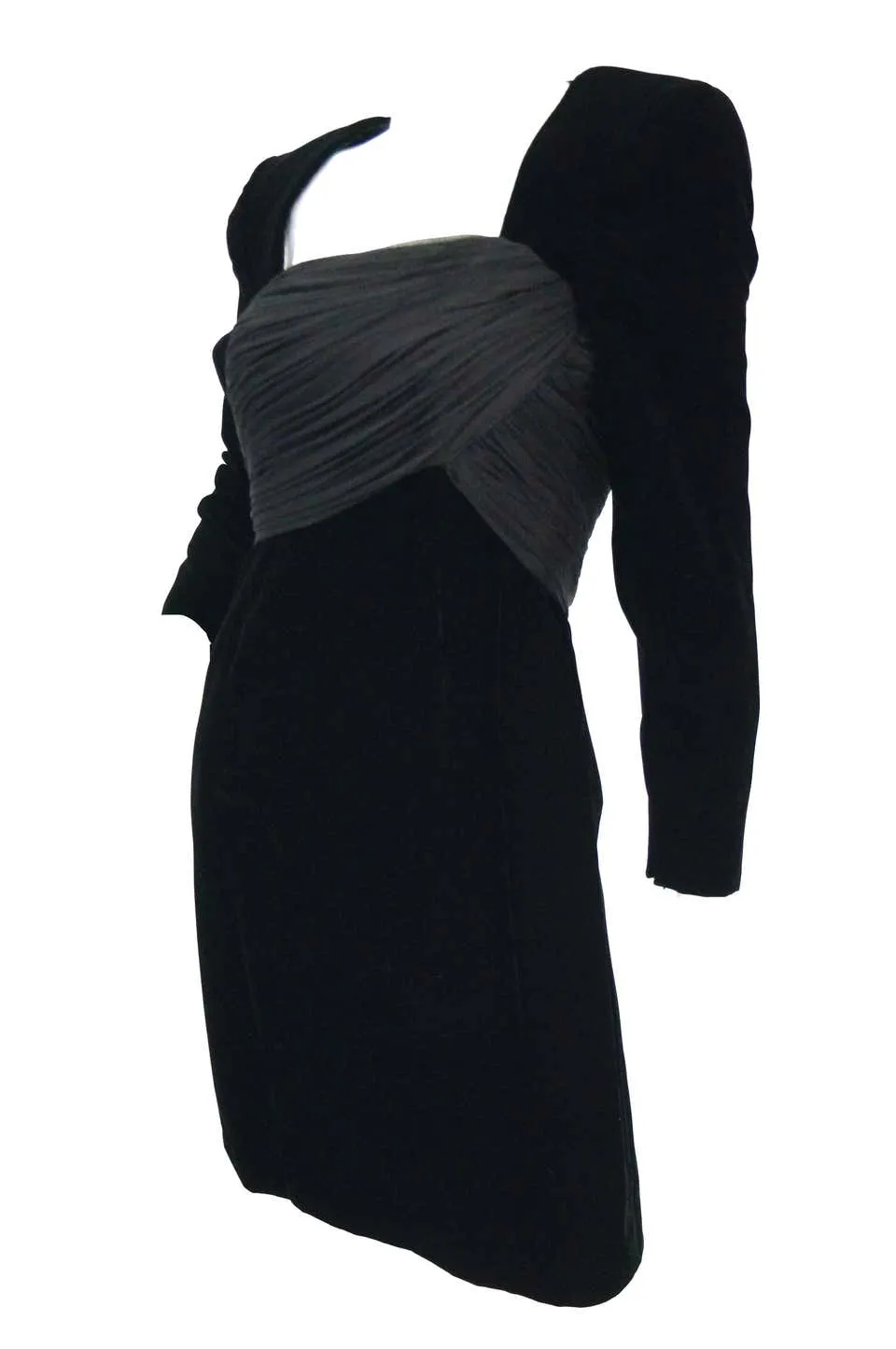 1980s Oscar De La Renta Black Velvet Cocktail Dress with / Ruched Detail