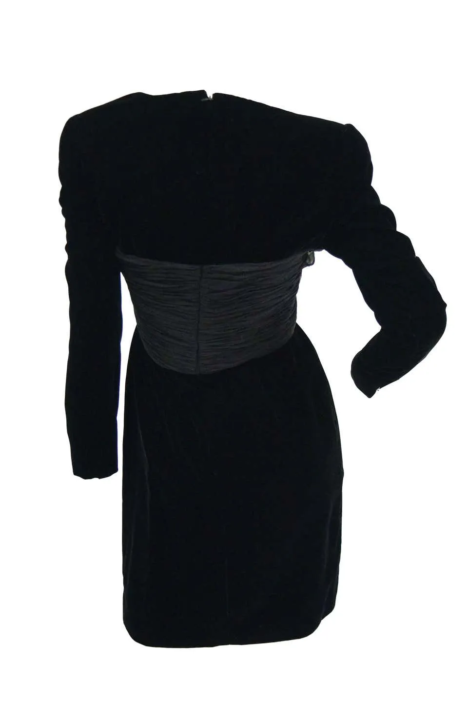 1980s Oscar De La Renta Black Velvet Cocktail Dress with / Ruched Detail