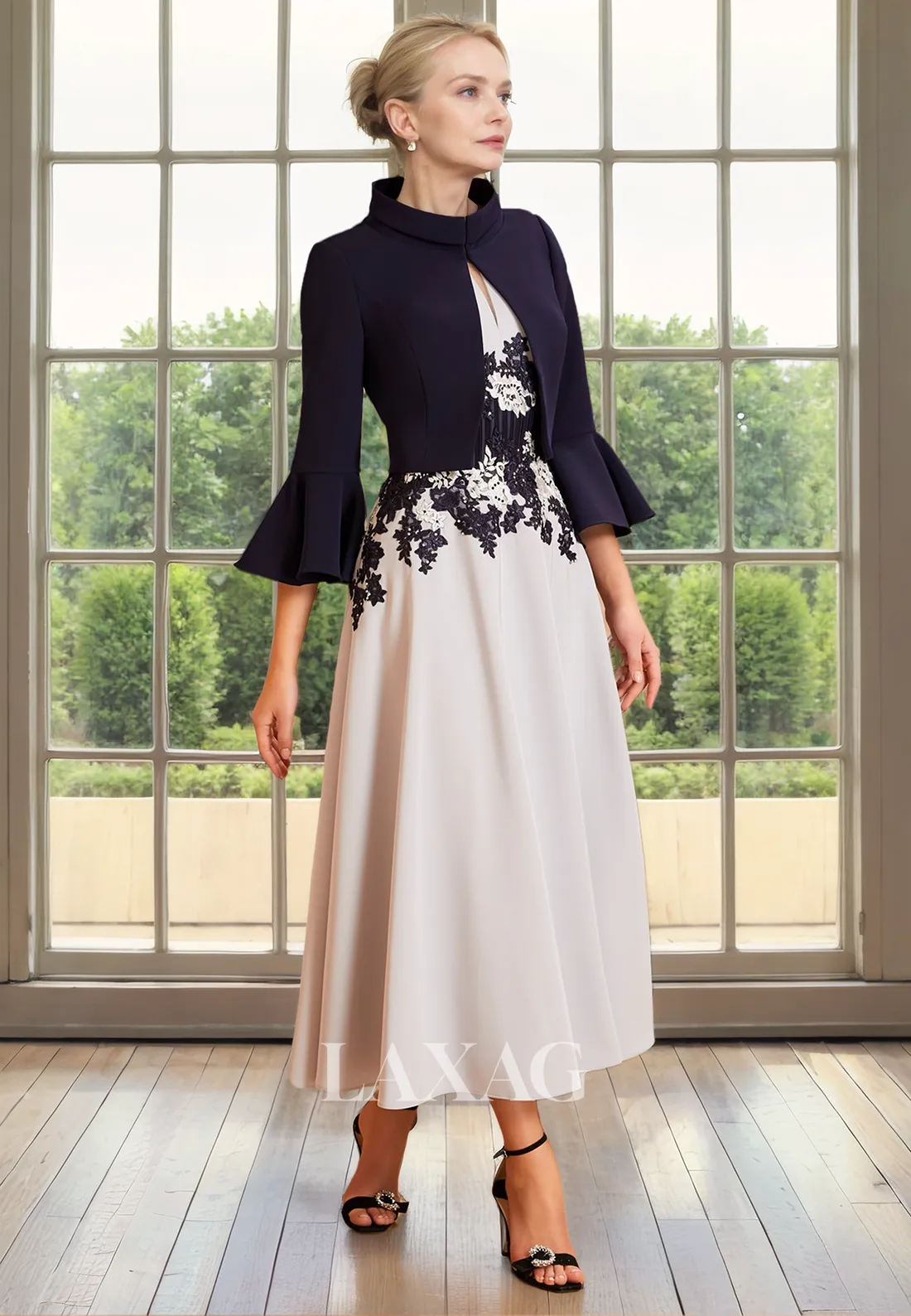 A-Line Two-Piece Suit Appliques Beaded Ankle-Length Mother Of the Bride Dress