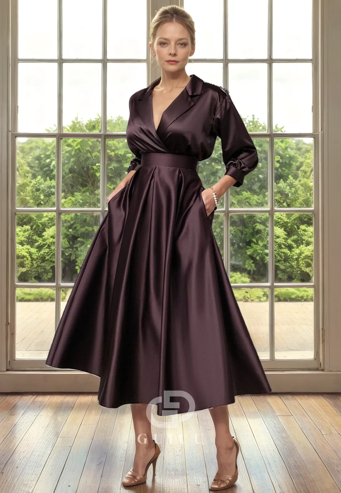 A-Line V Neck 34 Length Sleeves Tea Length Mother of Bride Dress