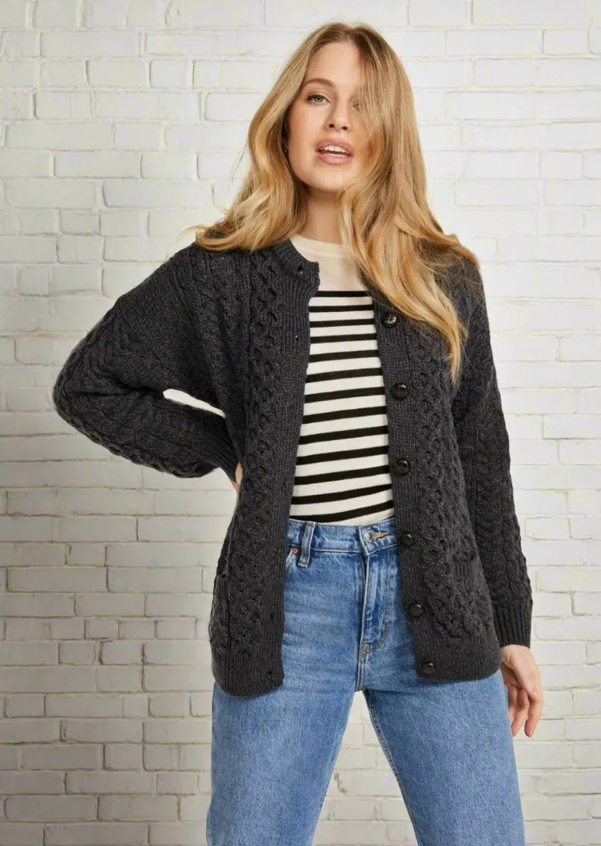 Achill Island Ladies Aran Cardigan | Charcoal