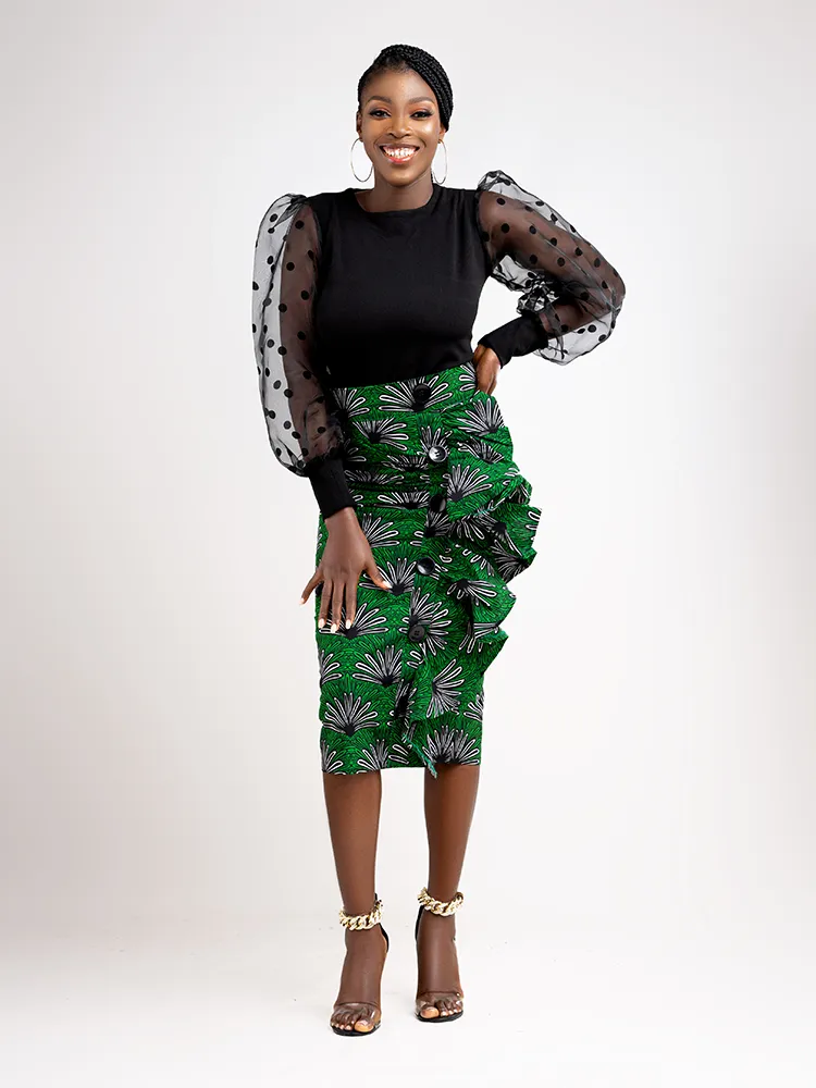 African Print Zanzibar Button line pencil skirt