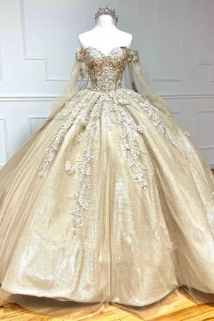 Alejandra | Glamorous Gold Sweetheart Quinceanera Dress with Cape Sleeves