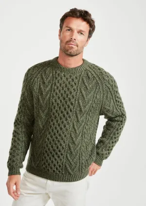 Aran Handknit Crew Neck Sweater | Green