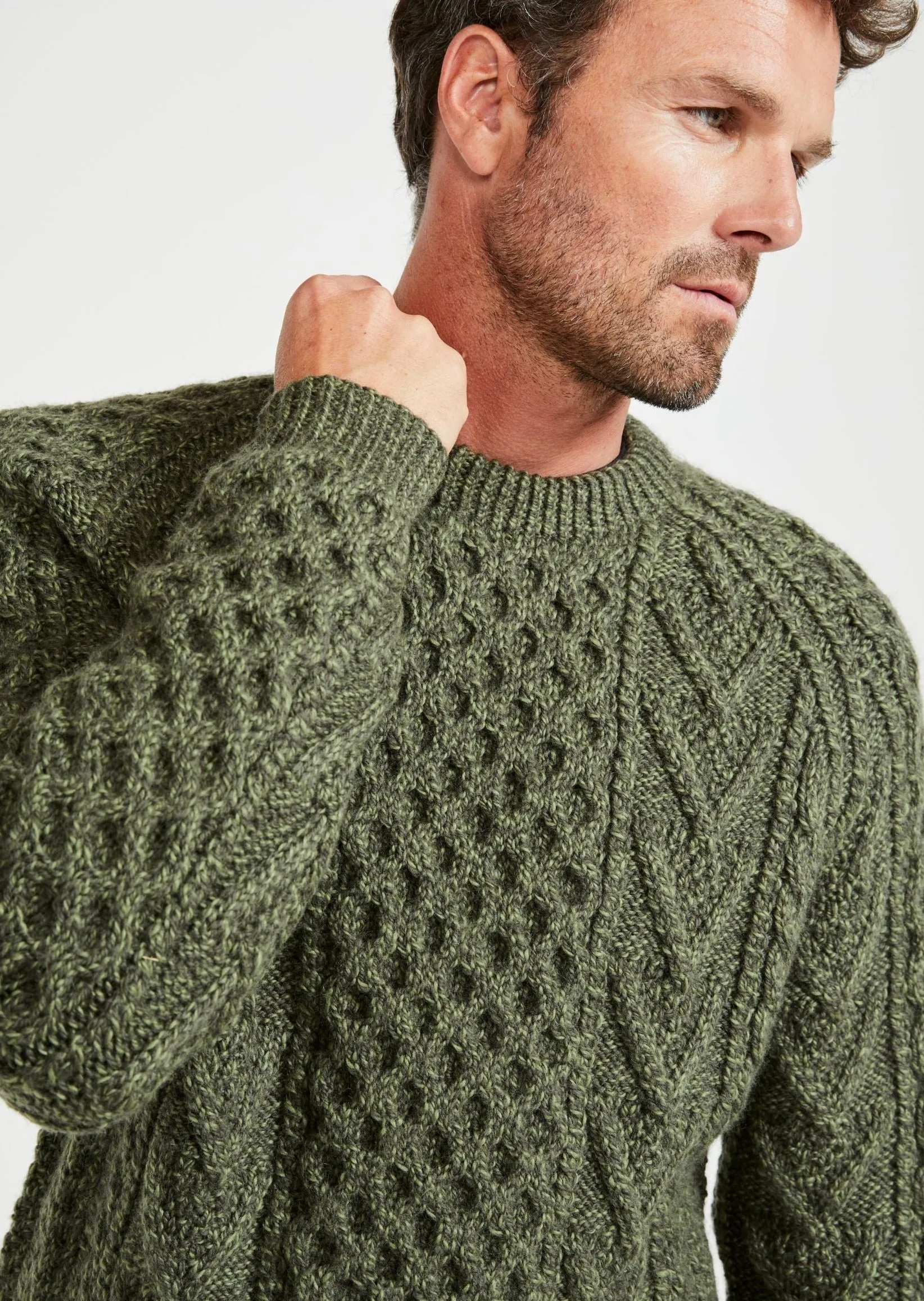 Aran Handknit Crew Neck Sweater | Green