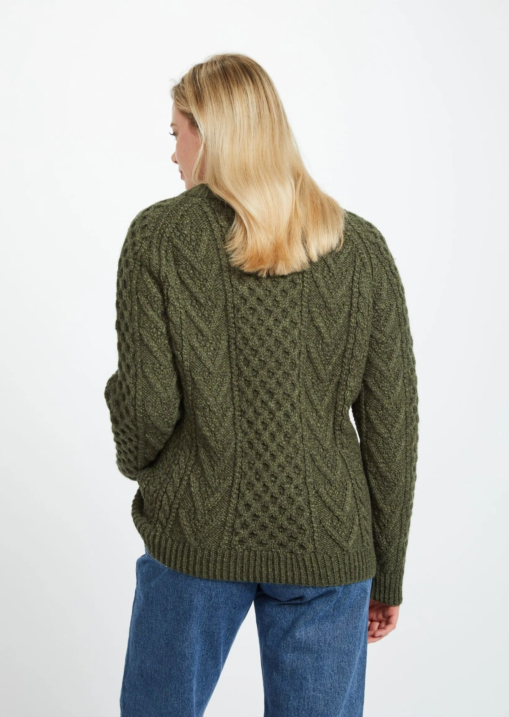 Aran Handknit Crew Neck Sweater | Green