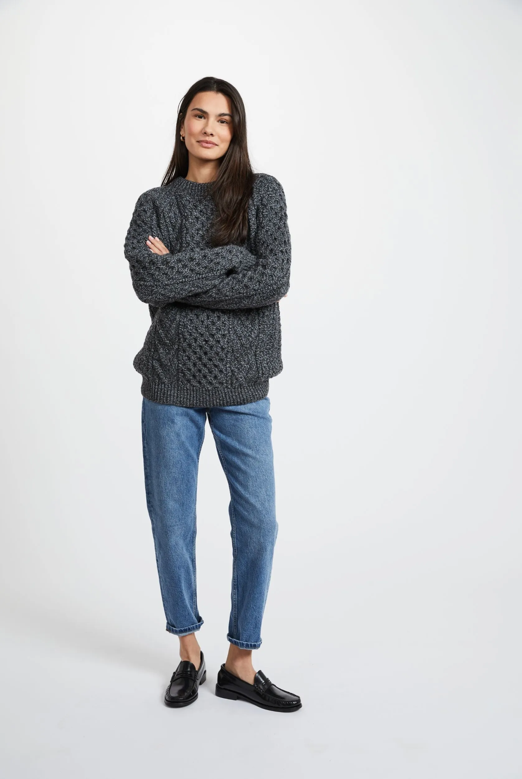 Aran Handknit Crew Neck Sweater | Silver