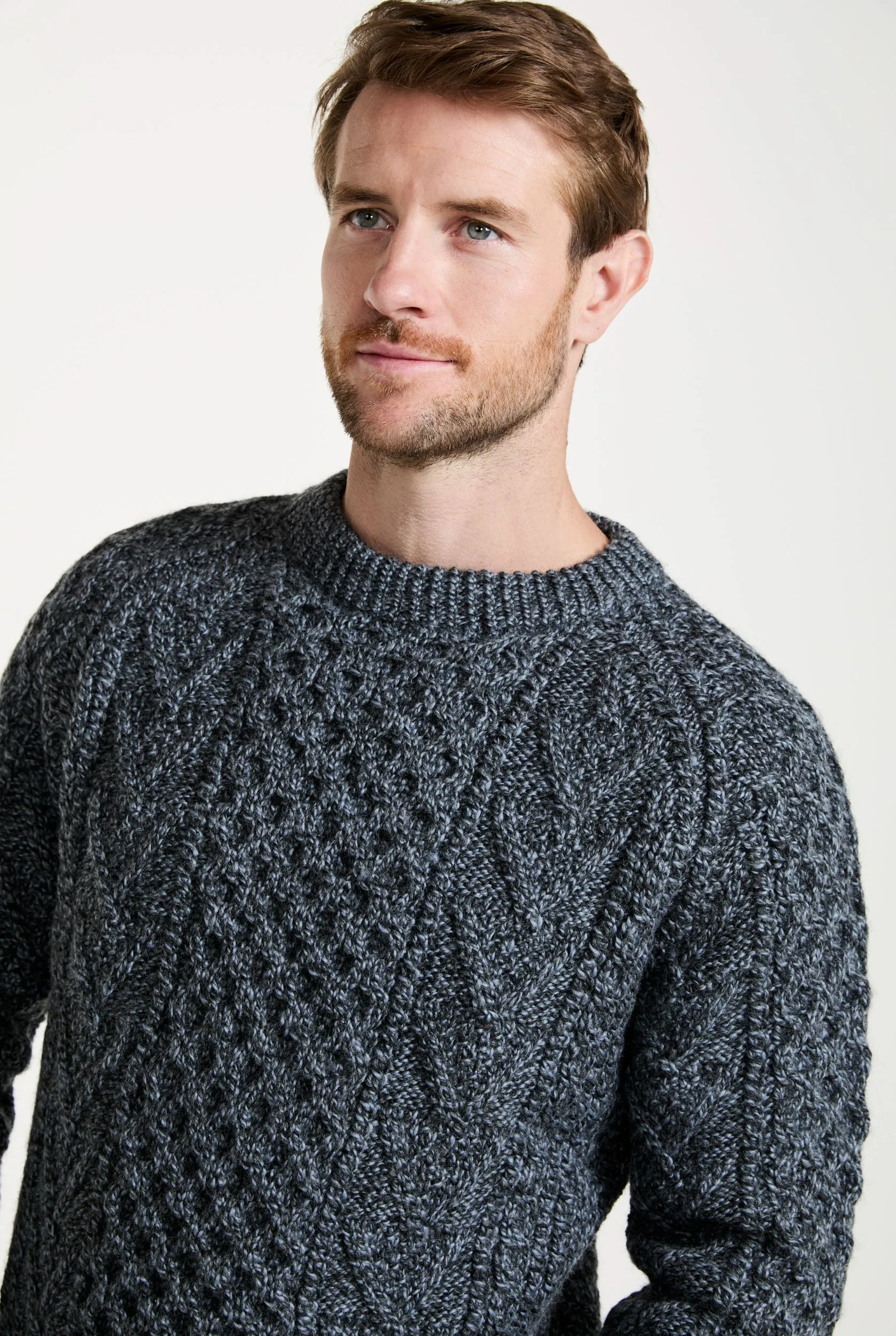 Aran Handknit Crew Neck Sweater | Silver