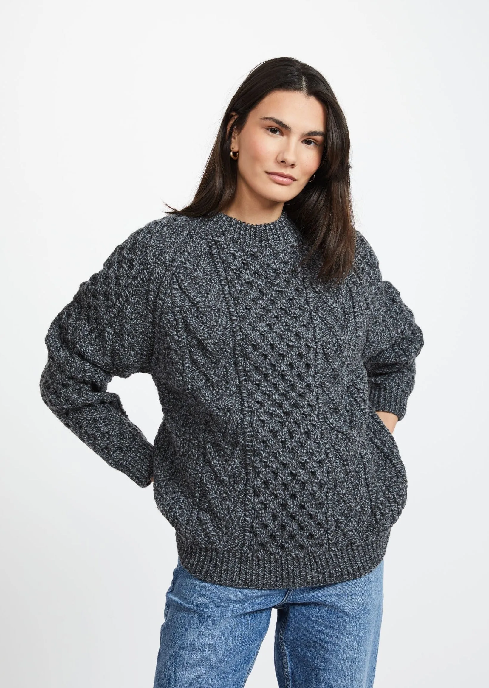 Aran Handknit Crew Neck Sweater | Silver