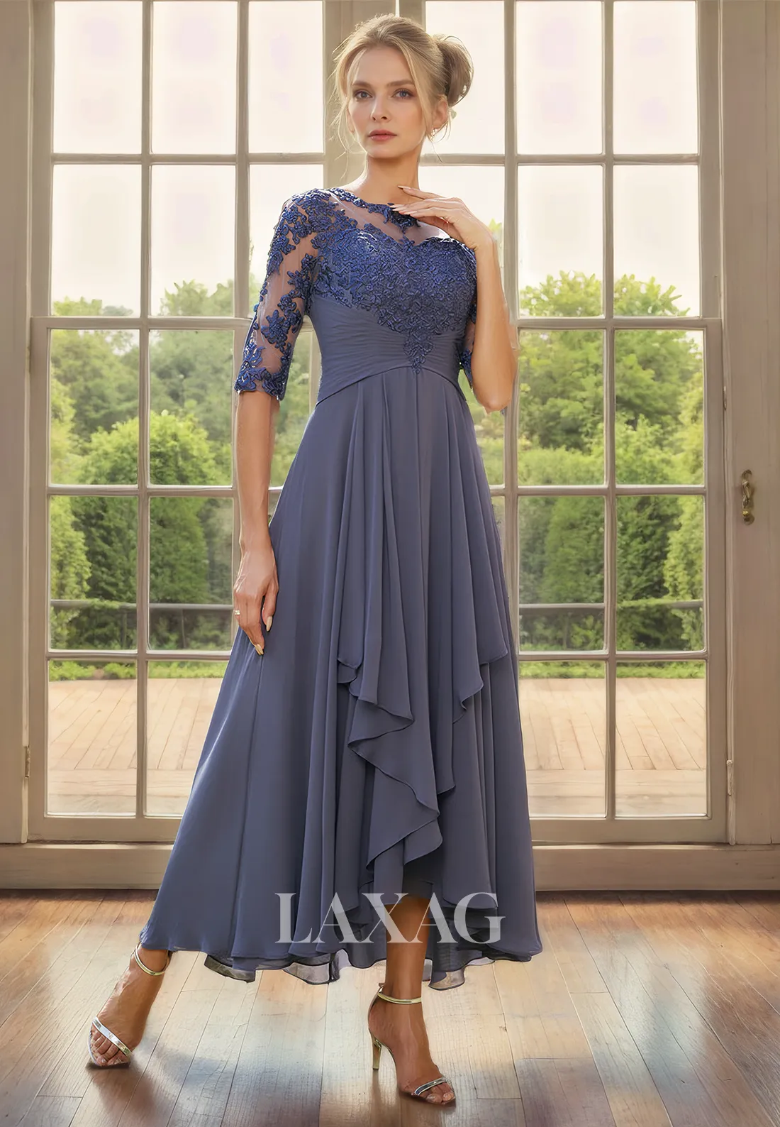 Bateau Half Sleeves Lace Appliques Chiffon Mother of the Bride Dress