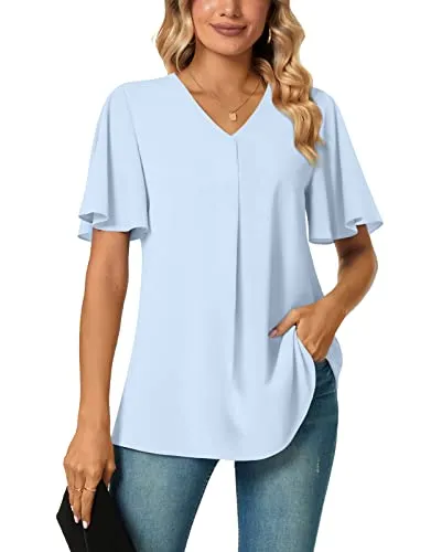 Bestbee Womens Flowy Short Sleeve Dressy Chiffon Blouses V Neck Tops Tee Cute 2024 Summer Shirts Casual T-Shirts, Light Blue, M