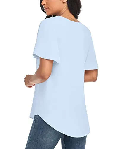 Bestbee Womens Flowy Short Sleeve Dressy Chiffon Blouses V Neck Tops Tee Cute 2024 Summer Shirts Casual T-Shirts, Light Blue, M