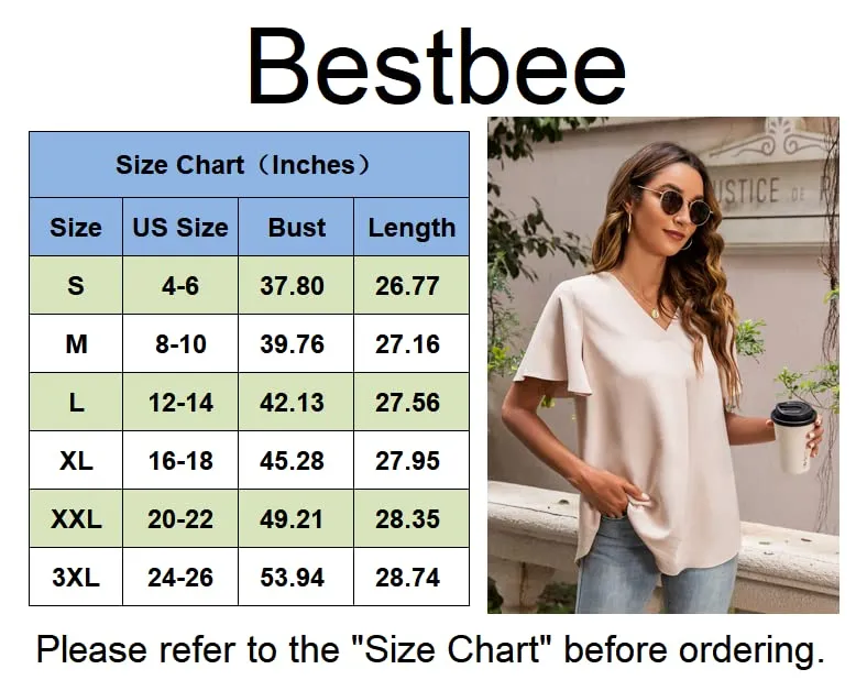 Bestbee Womens Flowy Short Sleeve Dressy Chiffon Blouses V Neck Tops Tee Cute 2024 Summer Shirts Casual T-Shirts, Light Blue, M