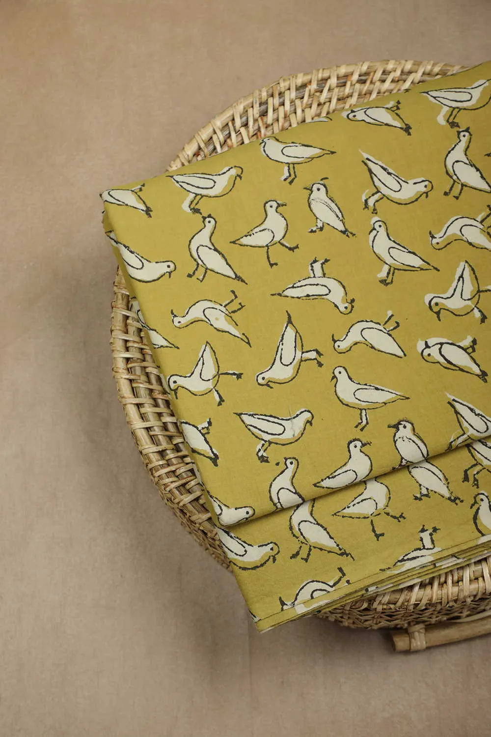 Birds - Yellow Bagru Cotton Fabric