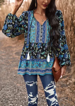 Black Casual Boho Floral V Neck Drawstring Long Sleeve Tops