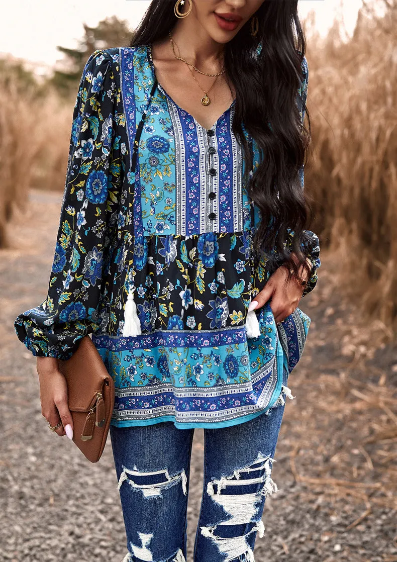 Black Casual Boho Floral V Neck Drawstring Long Sleeve Tops