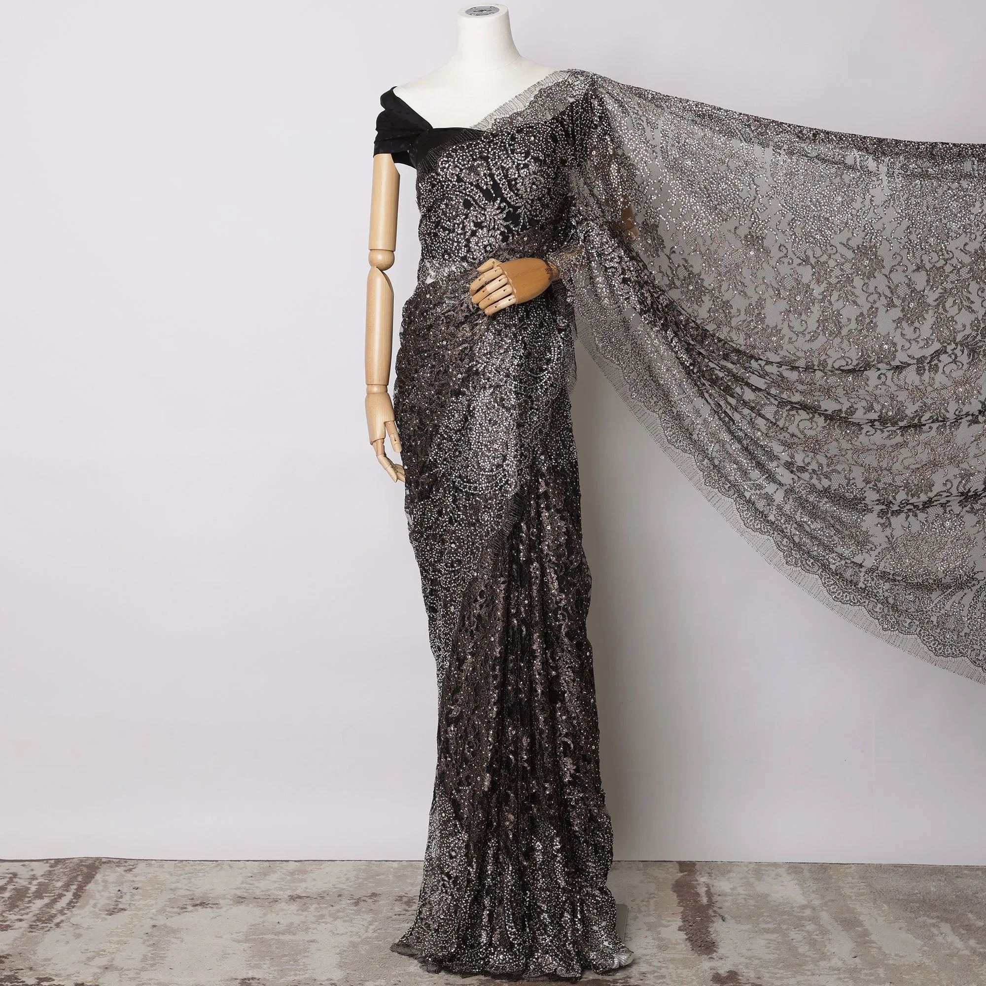 Black, Copper Premium French Metallic Chantilly Saree Lace with Stone Work - 5.5 Meters, Width 110 cm-D21071