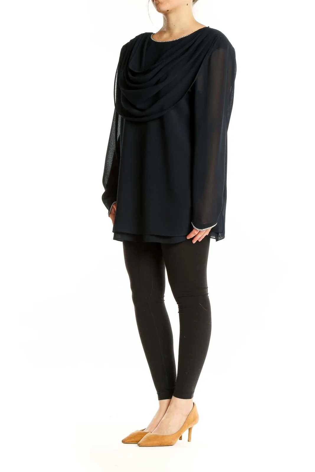 Black Elegant Draped Acetate Blouse