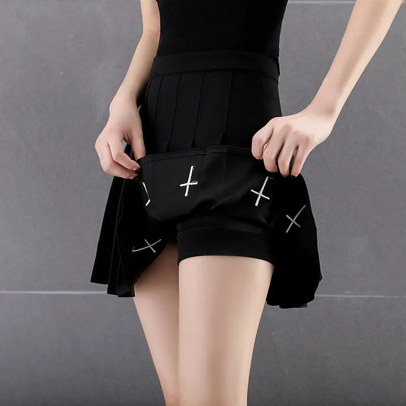 Black High Waist Mini Skirts Punk Pleated Vintage Skirt Gothic Streetwear Cross Print  Skirts Lolita  Skirt