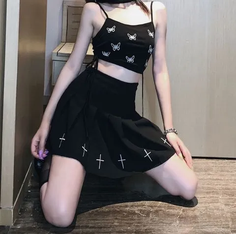 Black High Waist Mini Skirts Punk Pleated Vintage Skirt Gothic Streetwear Cross Print  Skirts Lolita  Skirt