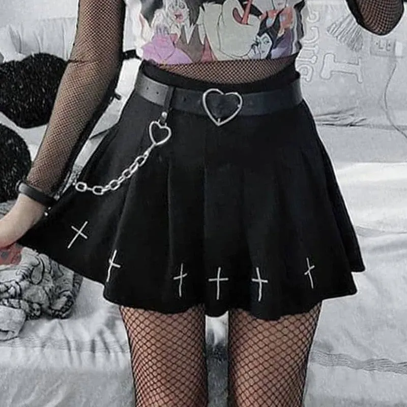 Black High Waist Mini Skirts Punk Pleated Vintage Skirt Gothic Streetwear Cross Print  Skirts Lolita  Skirt