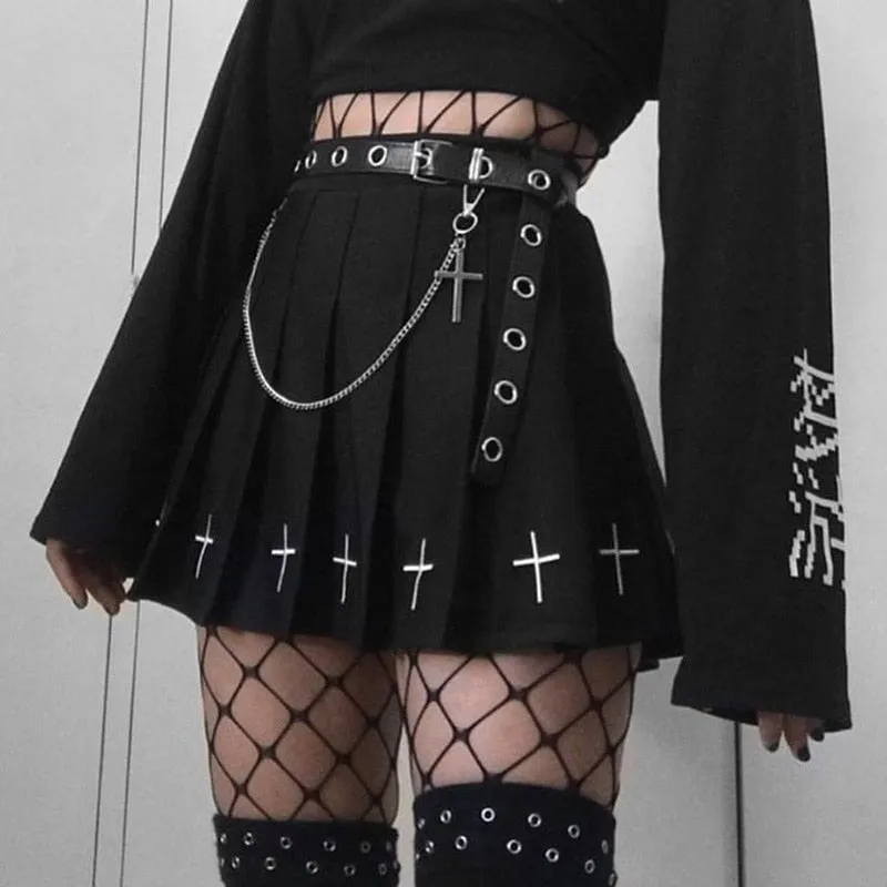 Black High Waist Mini Skirts Punk Pleated Vintage Skirt Gothic Streetwear Cross Print  Skirts Lolita  Skirt