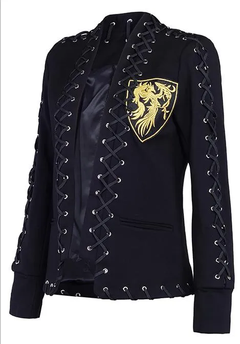 Black Lace-Up Embroidered Jacket