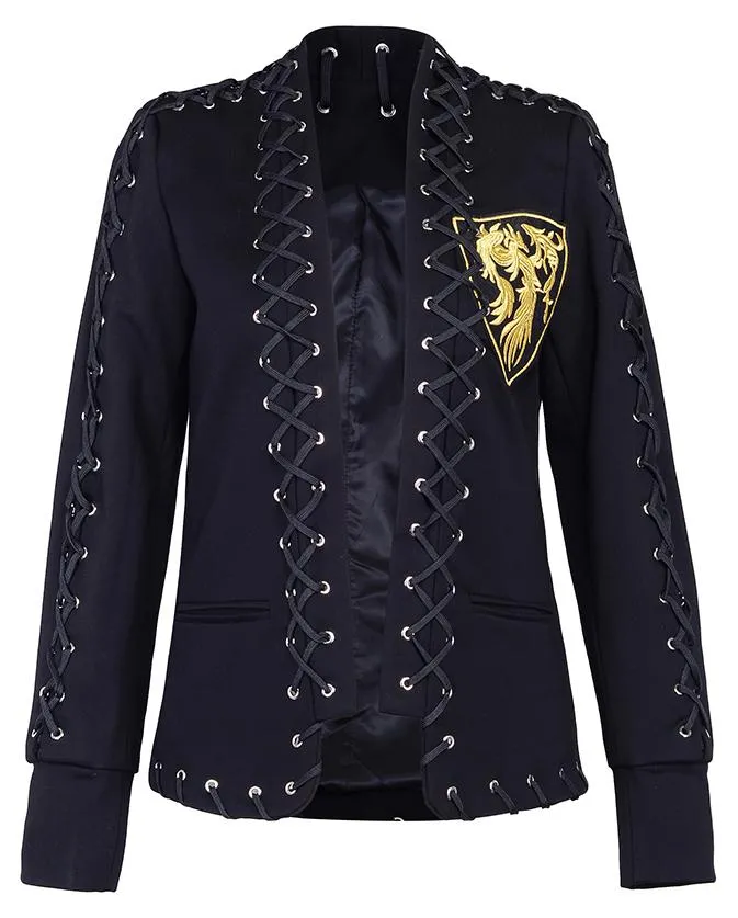 Black Lace-Up Embroidered Jacket