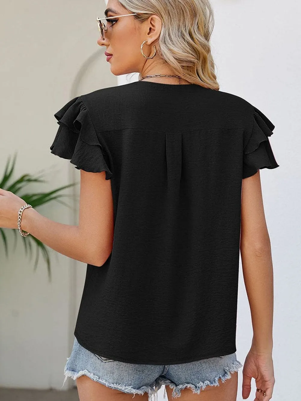 Black V Neck Elegant Ruffle Sleeve Blouse