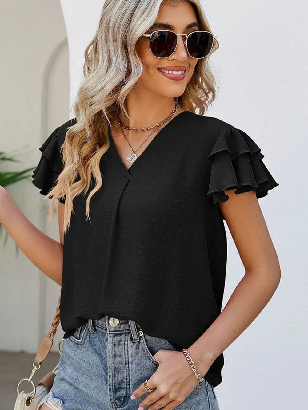 Black V Neck Elegant Ruffle Sleeve Blouse