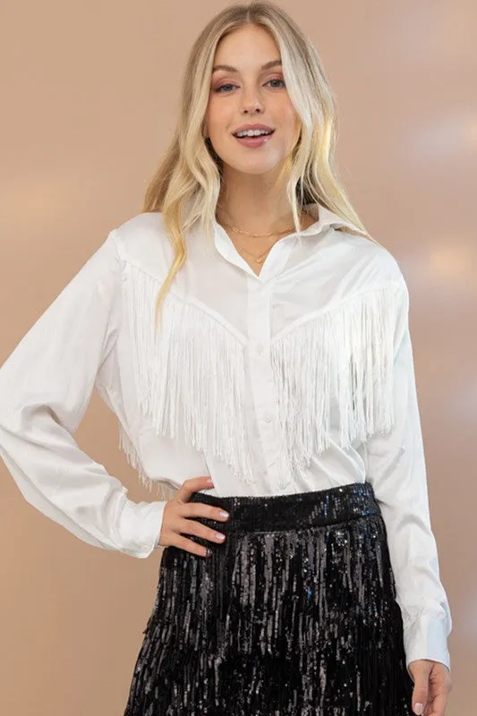 Blue B Satin Chevron Fringe Button Down Shirt