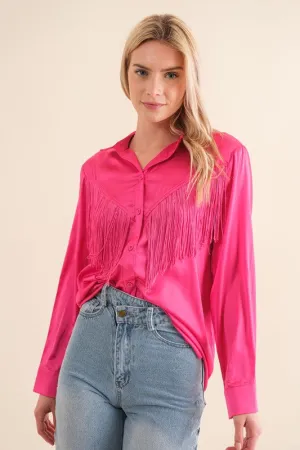 Blue B Satin Chevron Fringe Button Down Shirt