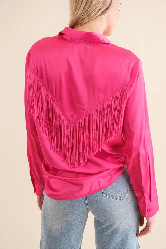 Blue B Satin Chevron Fringe Button Down Shirt