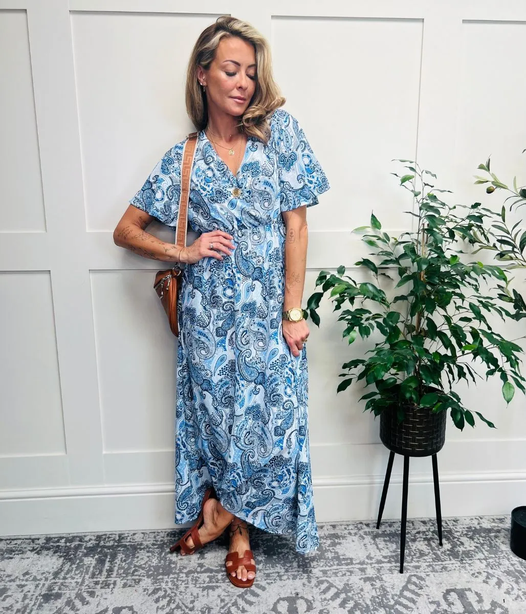 Blue Printed Wrap Front Maxi Dress