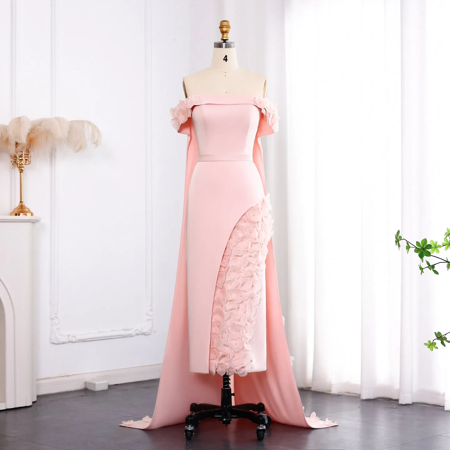 Blush Pink 3D Flowers Arabic Evening Dress with Cape SS281