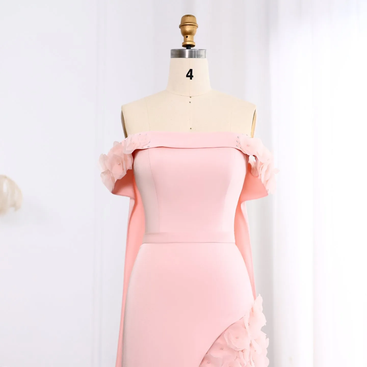 Blush Pink 3D Flowers Arabic Evening Dress with Cape SS281