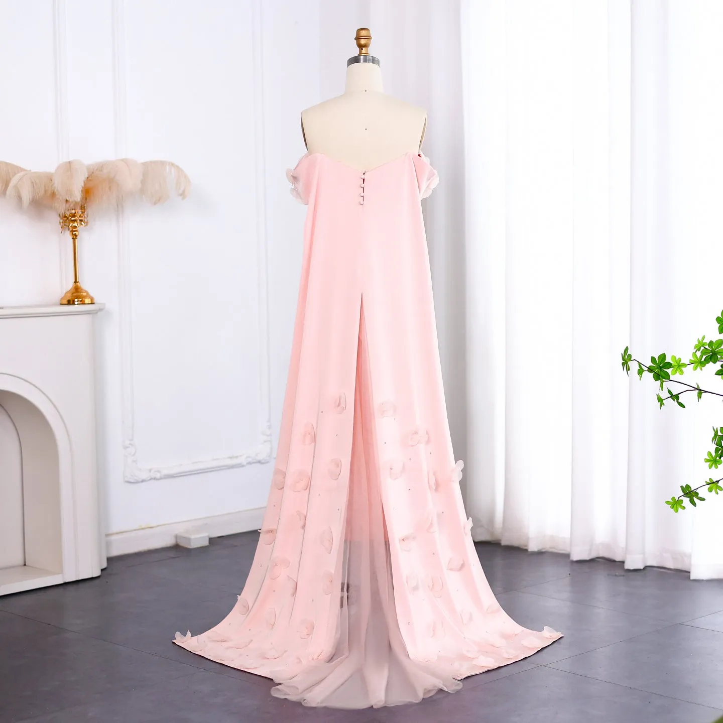 Blush Pink 3D Flowers Arabic Evening Dress with Cape SS281