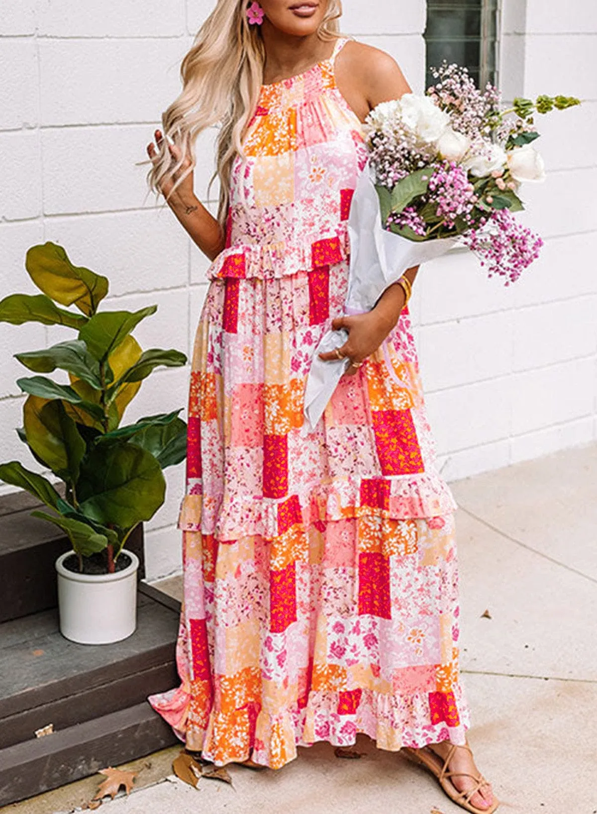 Bohemian Geometric Floral Print Maxi Dress with Ruffled Details