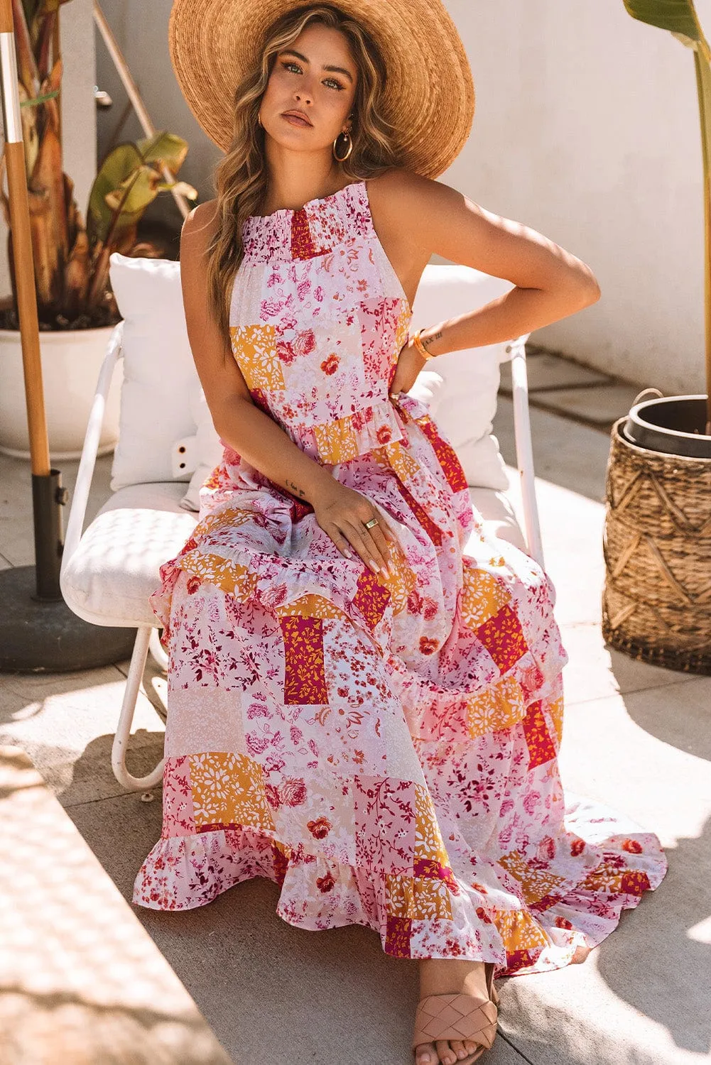 Bohemian Geometric Floral Print Maxi Dress with Ruffled Details