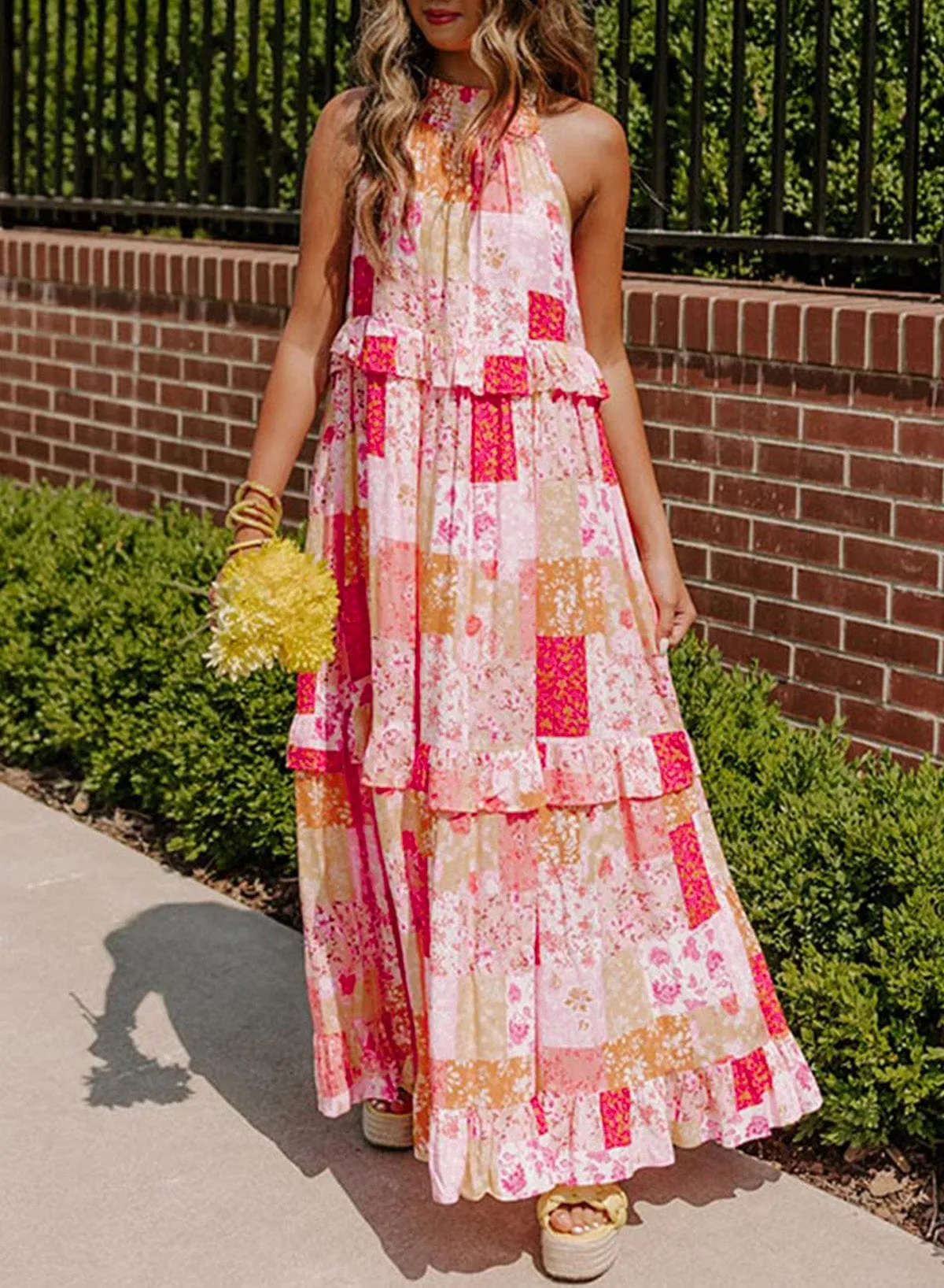 Bohemian Geometric Floral Print Maxi Dress with Ruffled Details