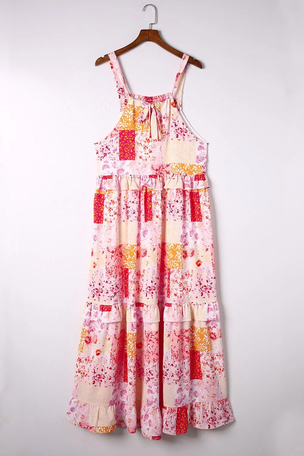 Bohemian Geometric Floral Print Maxi Dress with Ruffled Details