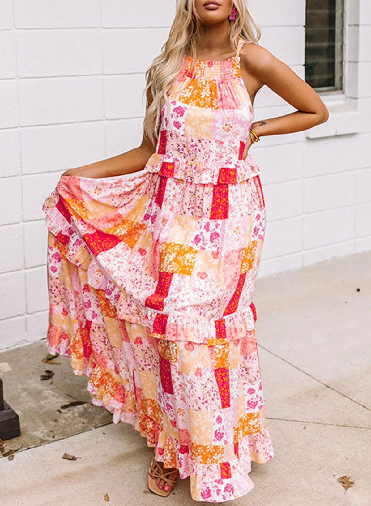 Bohemian Geometric Floral Print Maxi Dress with Ruffled Details