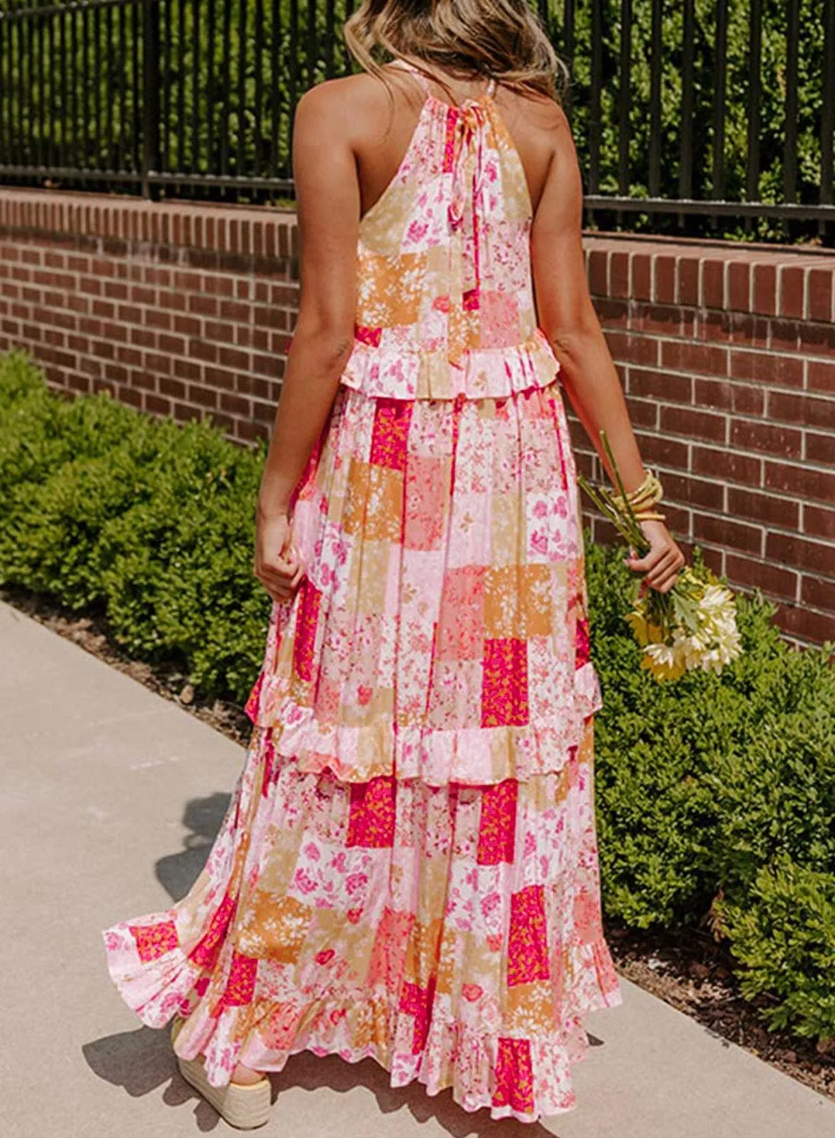 Bohemian Geometric Floral Print Maxi Dress with Ruffled Details