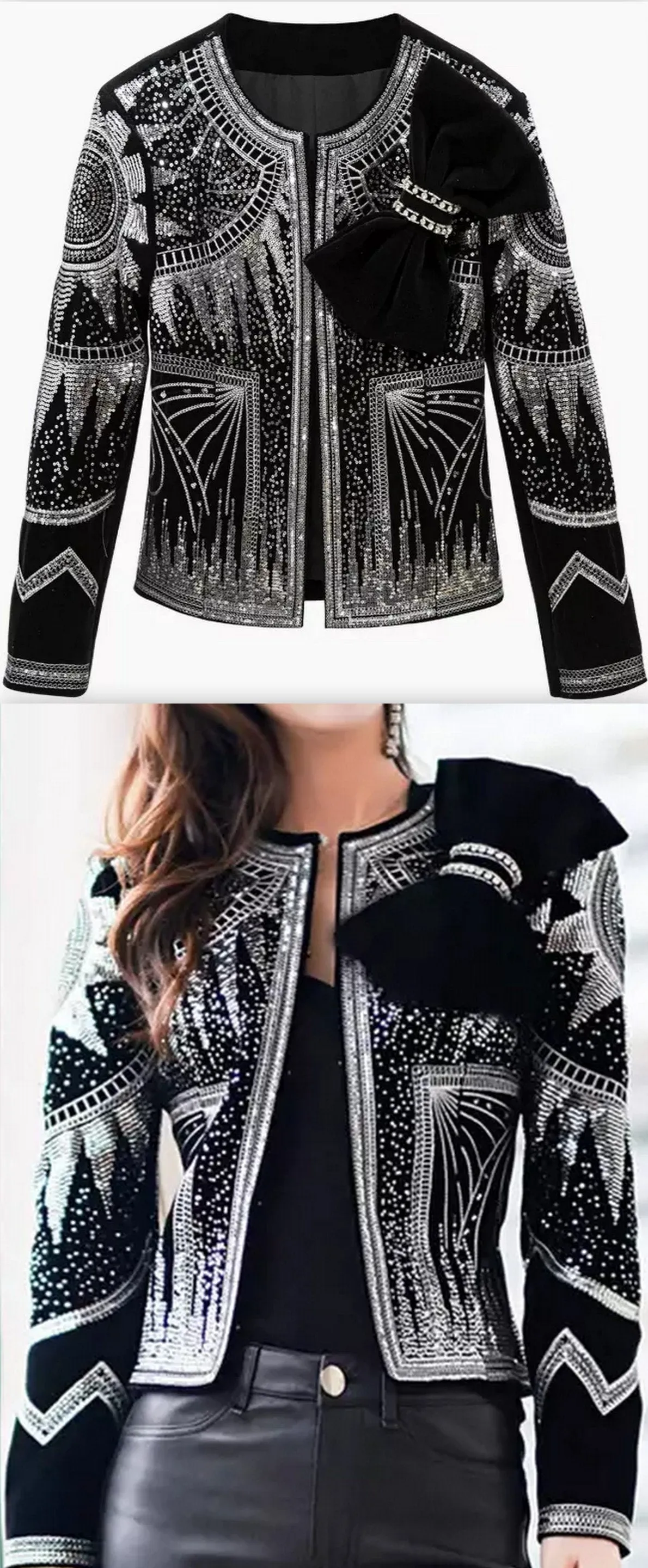 Bow and Sequin-Embellished Velvet Jacket