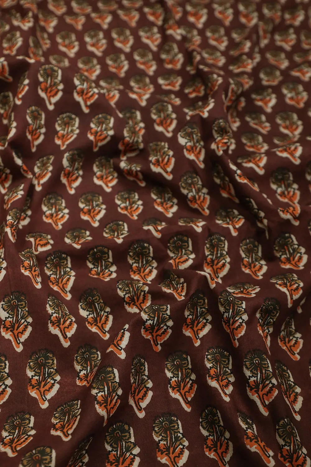 Brown with Floral Bagru Cotton Fabric - 0.95m