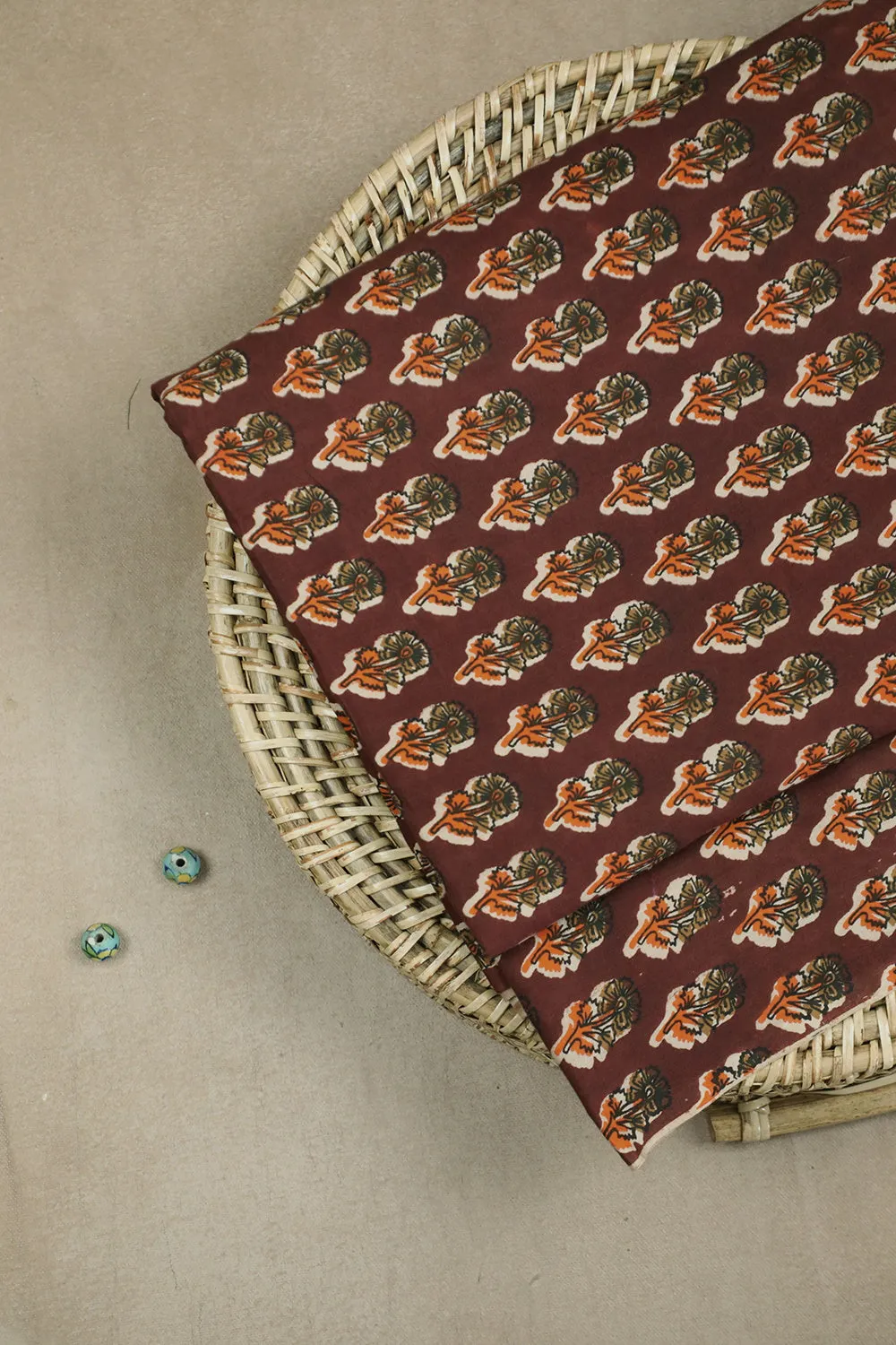 Brown with Floral Bagru Cotton Fabric - 0.95m