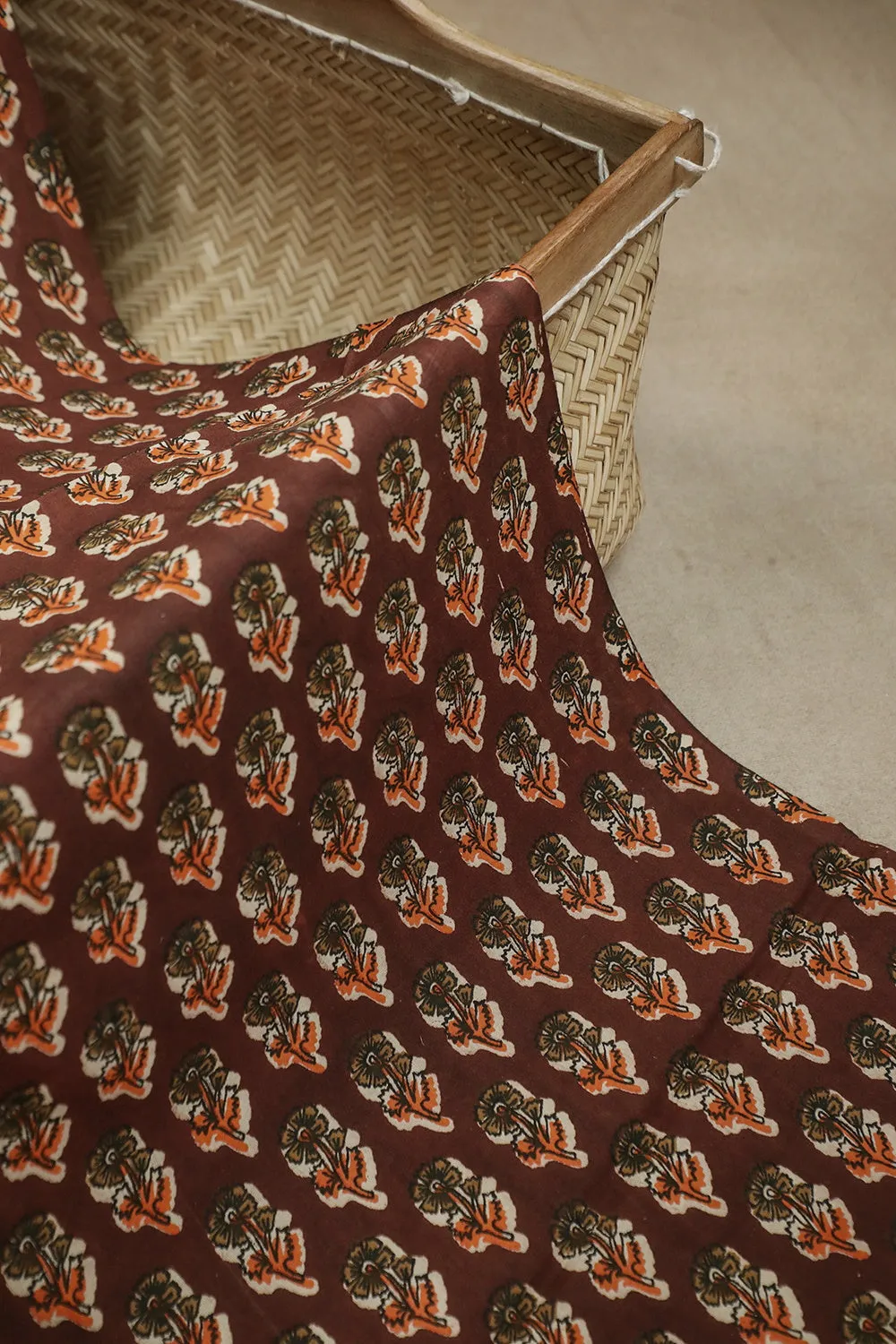 Brown with Floral Bagru Cotton Fabric - 0.95m