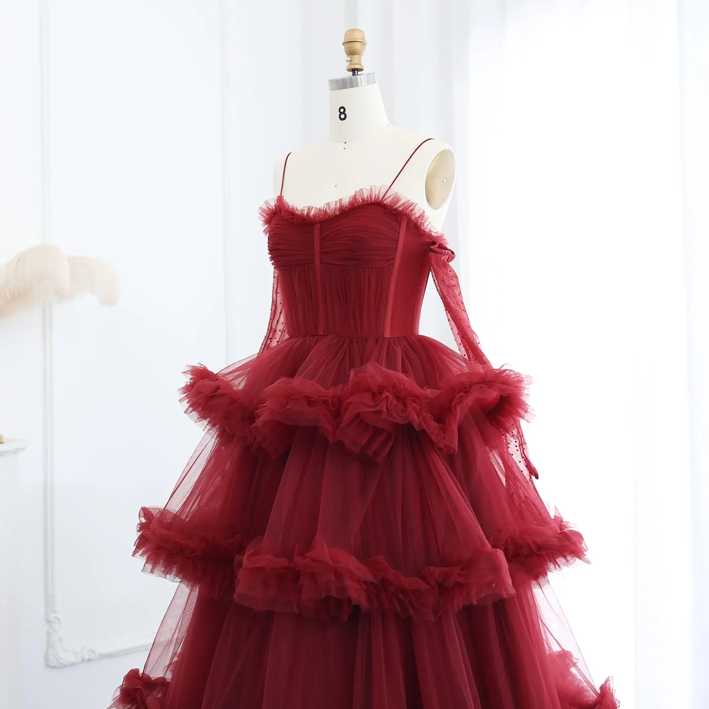 Burgundy Tulle Tiered Ruffles Evening Dresses with Gloves SF049