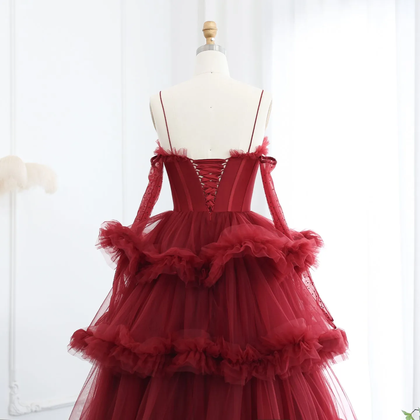 Burgundy Tulle Tiered Ruffles Evening Dresses with Gloves SF049