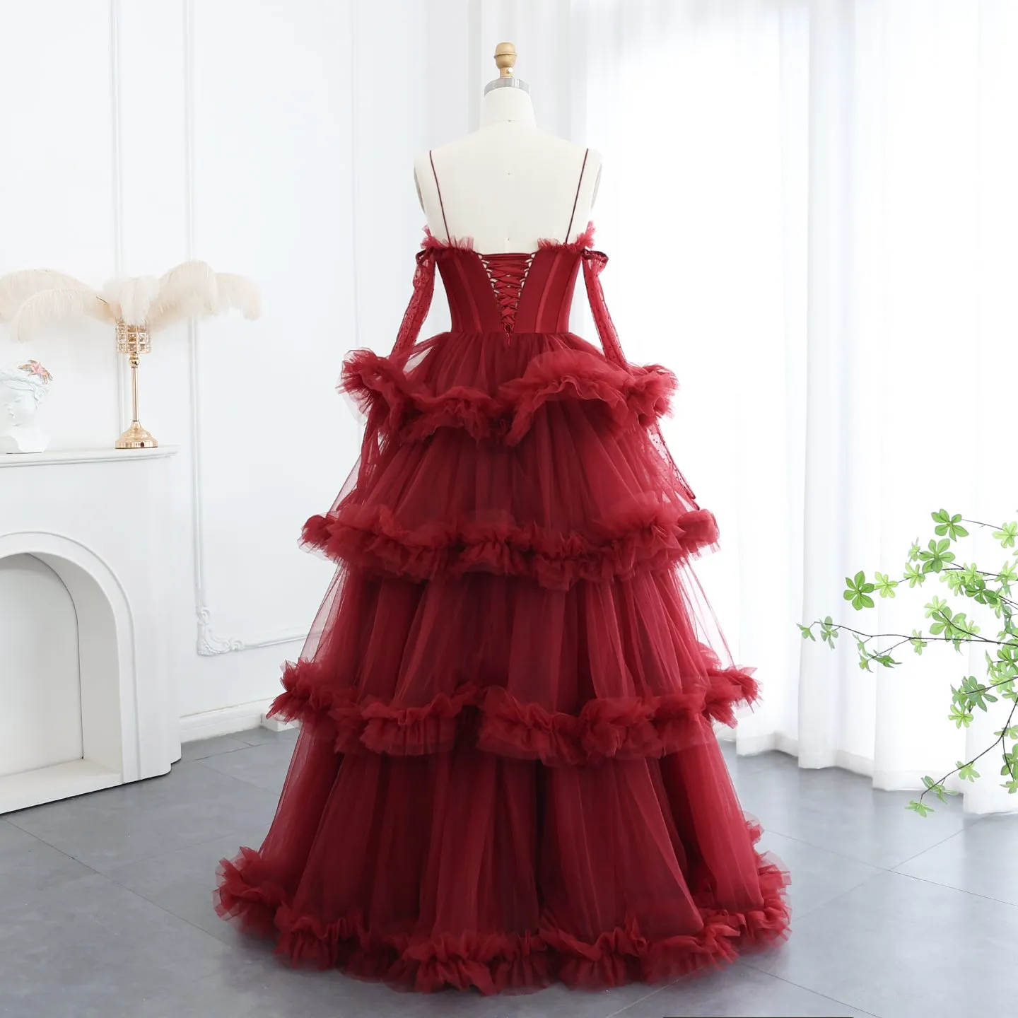 Burgundy Tulle Tiered Ruffles Evening Dresses with Gloves SF049